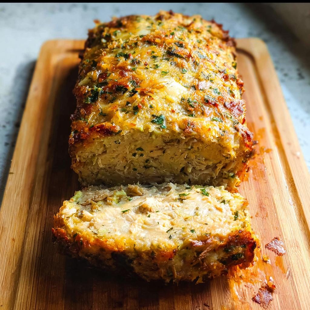 A slice of baked Chicken Avocado Ranch loaf on a wooden cutting board, showing shredded chicken and herbs.
