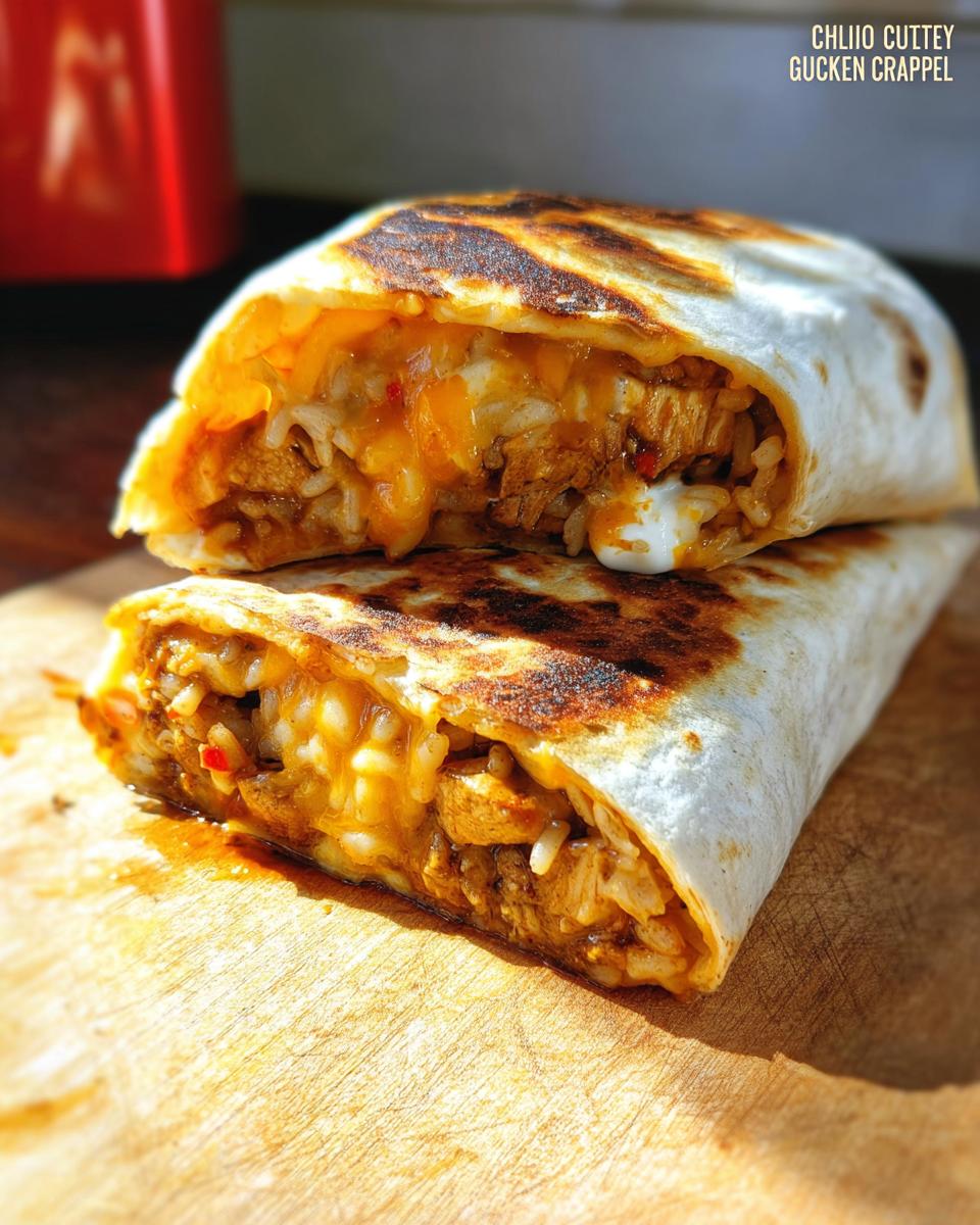 A close-up of a Chicken Crunch Wrap cut in half, revealing seasoned chicken, rice, and melted cheese.
