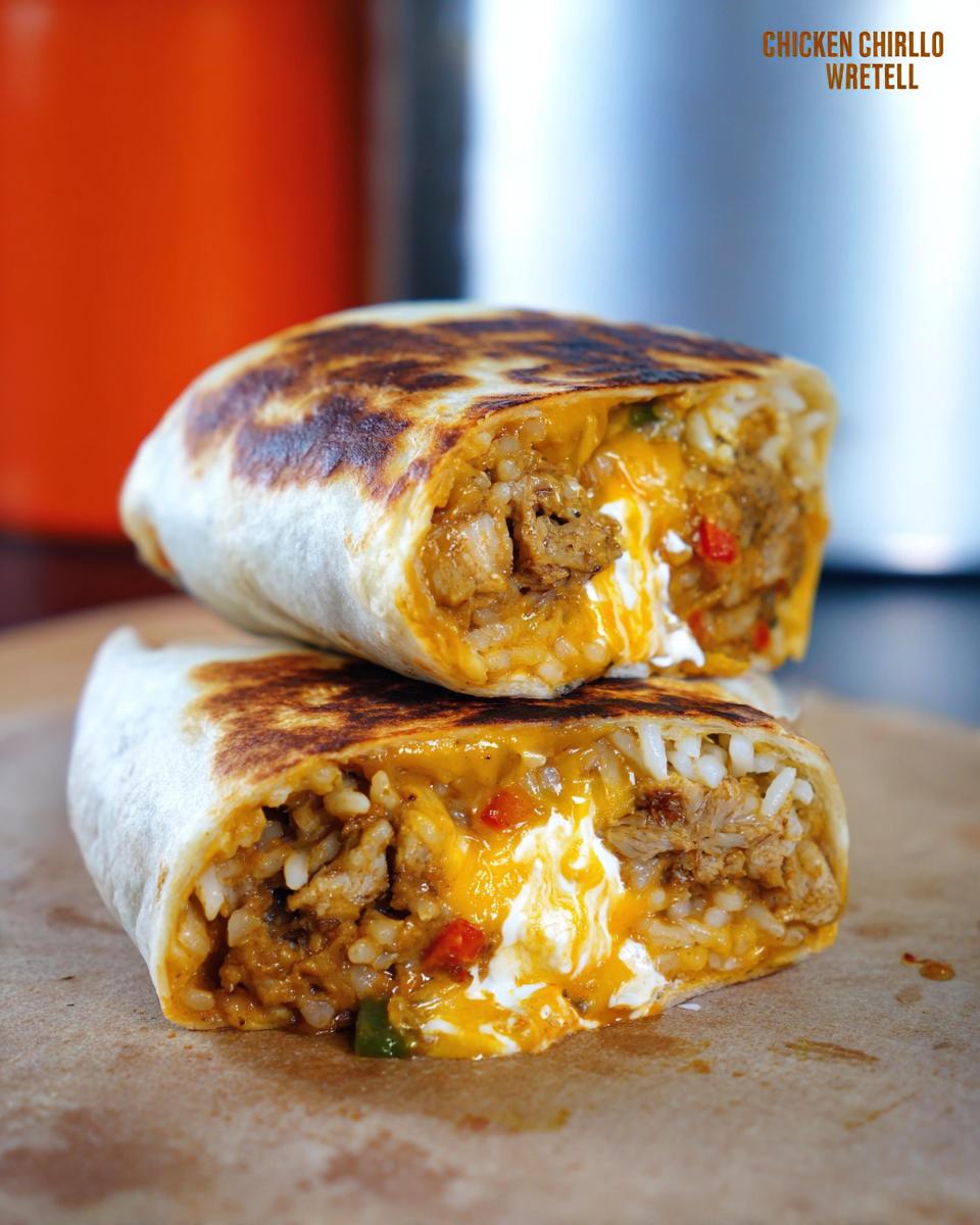 A close-up of a Chicken Crunch Wrap cut in half, revealing seasoned chicken, rice, melted cheddar cheese, and a dollop of sour cream.