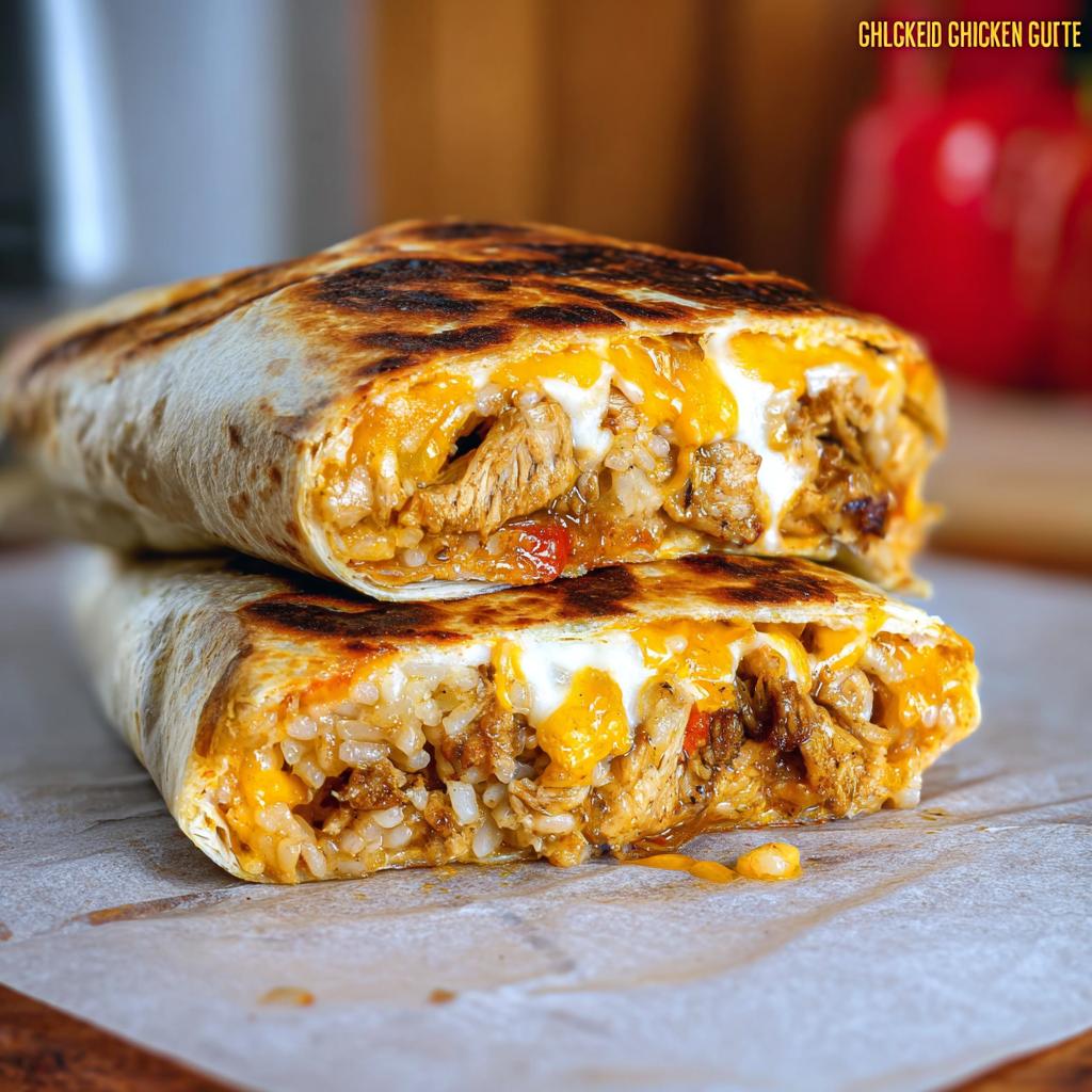 A close-up of a halved Chicken Crunch Wrap, revealing shredded chicken, rice, and melted cheese.