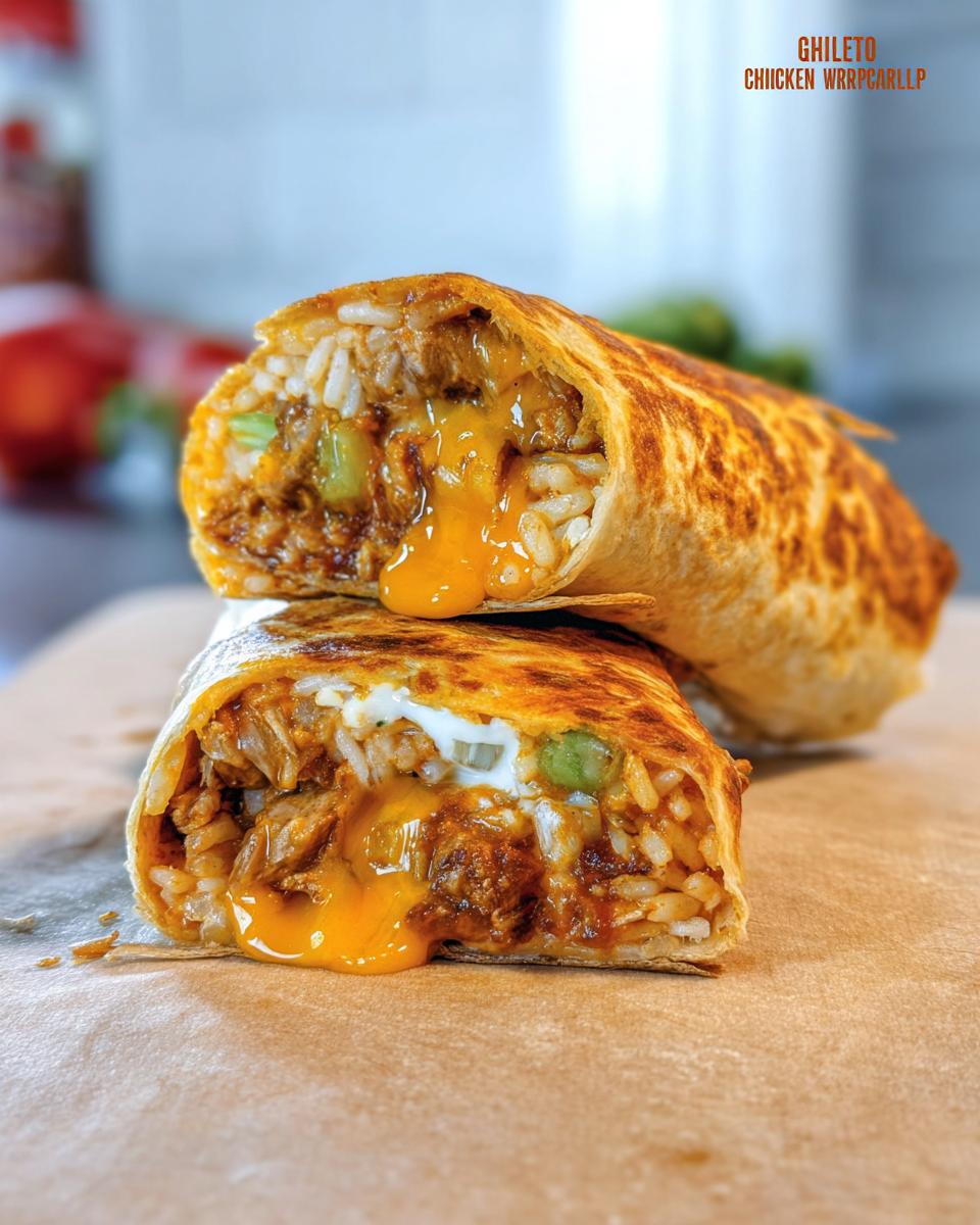 A cut Chicken Crunch Wrap showing rice, seasoned chicken, and gooey melted cheese.