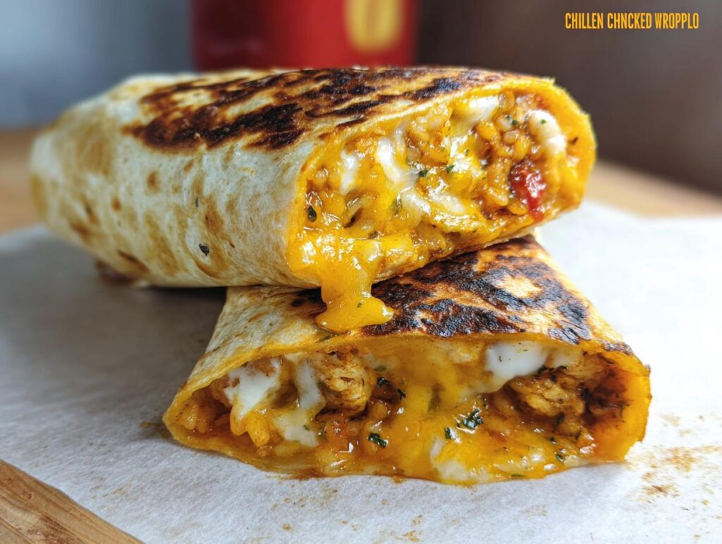 A close-up of a Chicken Crunch Wrap cut in half, revealing shredded chicken, rice, and gooey melted cheese.