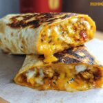 A close-up of a Chicken Crunch Wrap cut in half, revealing shredded chicken, rice, and gooey melted cheese.