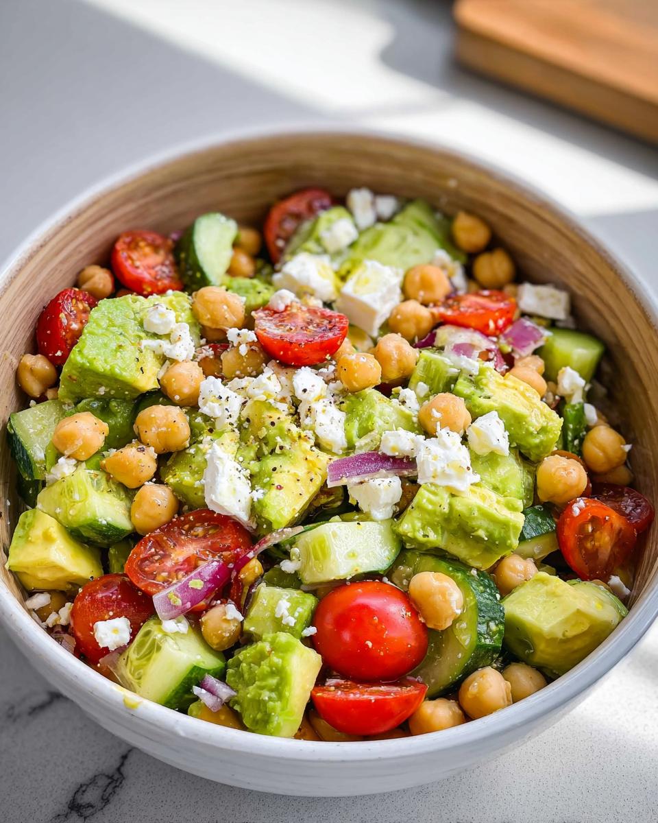 A vibrant bowl of Chickpea Feta Avocado Salad with cherry tomatoes, cucumber, red onion, and feta cheese.