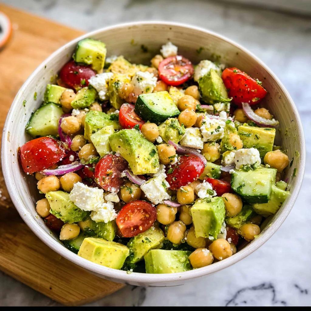 A vibrant bowl of Chickpea Feta Avocado Salad with chopped tomatoes, cucumbers, red onion, and feta cheese.