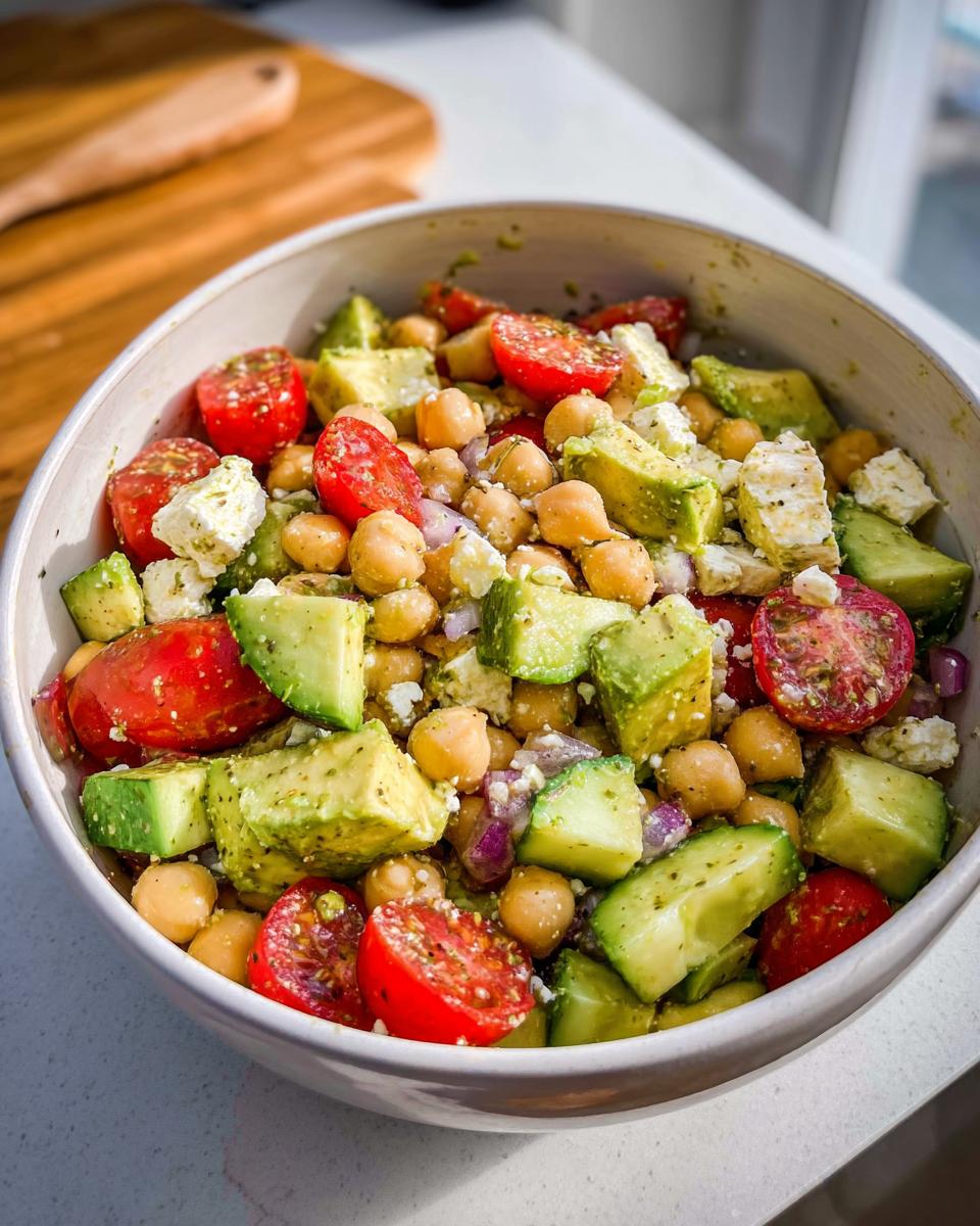 A vibrant bowl of Chickpea Feta Avocado Salad, featuring chickpeas, avocado chunks, cherry tomatoes, feta cheese, and red onion.