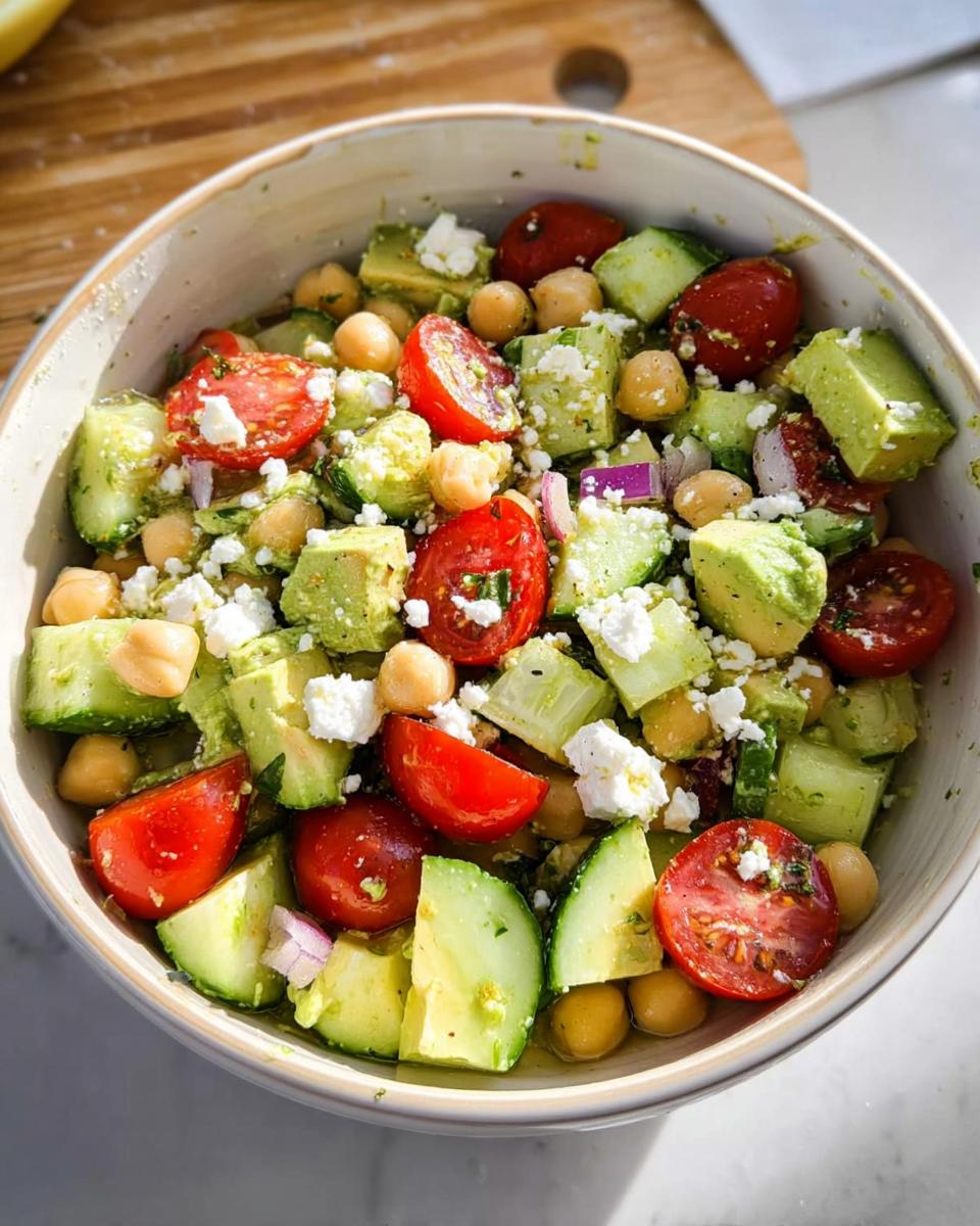 A close-up of a vibrant Chickpea Feta Avocado Salad with cherry tomatoes, cucumber, red onion, and feta cheese.
