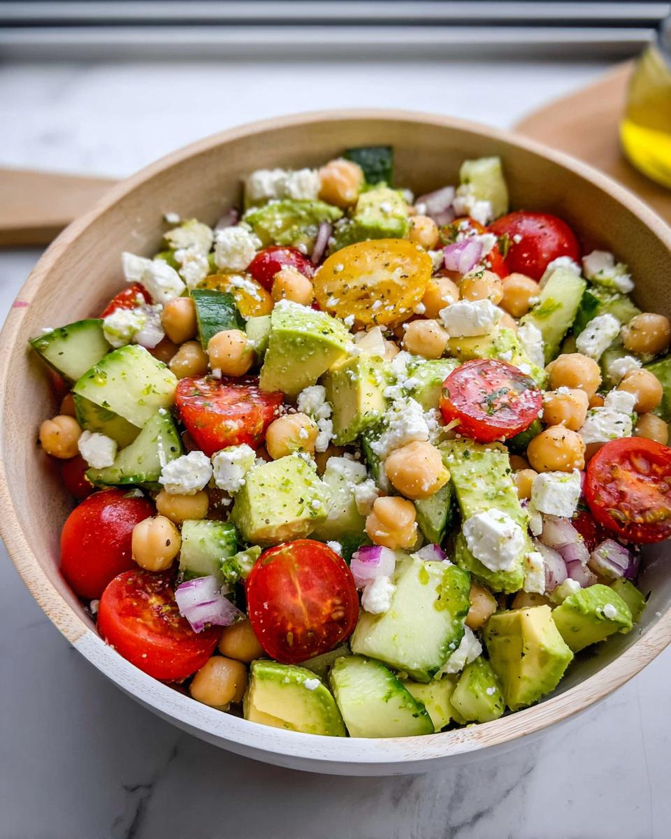 A vibrant bowl of Chickpea Feta Avocado Salad with cherry tomatoes, cucumber, red onion, and feta cheese.