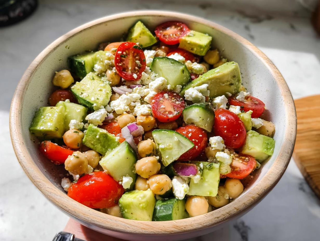 A vibrant bowl of Chickpea Feta Avocado Salad with cherry tomatoes, cucumber, and red onion.