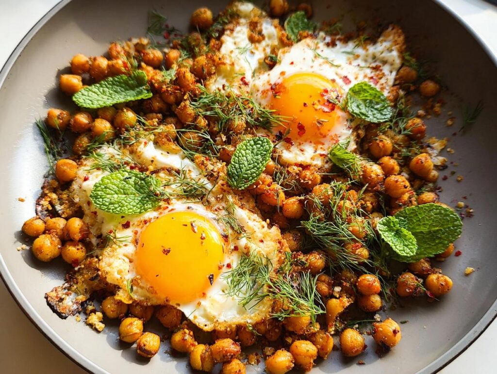 A close-up of a delicious Chickpea Fried Eggs recipe, featuring sunny-side-up eggs nestled in seasoned chickpeas with fresh mint and dill.
