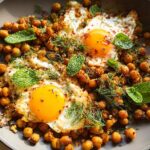 A close-up of a delicious Chickpea Fried Eggs recipe, featuring sunny-side-up eggs nestled in seasoned chickpeas with fresh mint and dill.