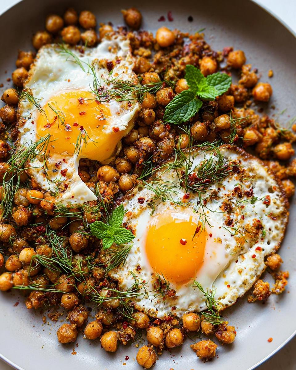 Two sunny-side-up eggs served over seasoned chickpeas, garnished with fresh dill and mint. A vibrant Chickpea Fried Eggs Recipe.