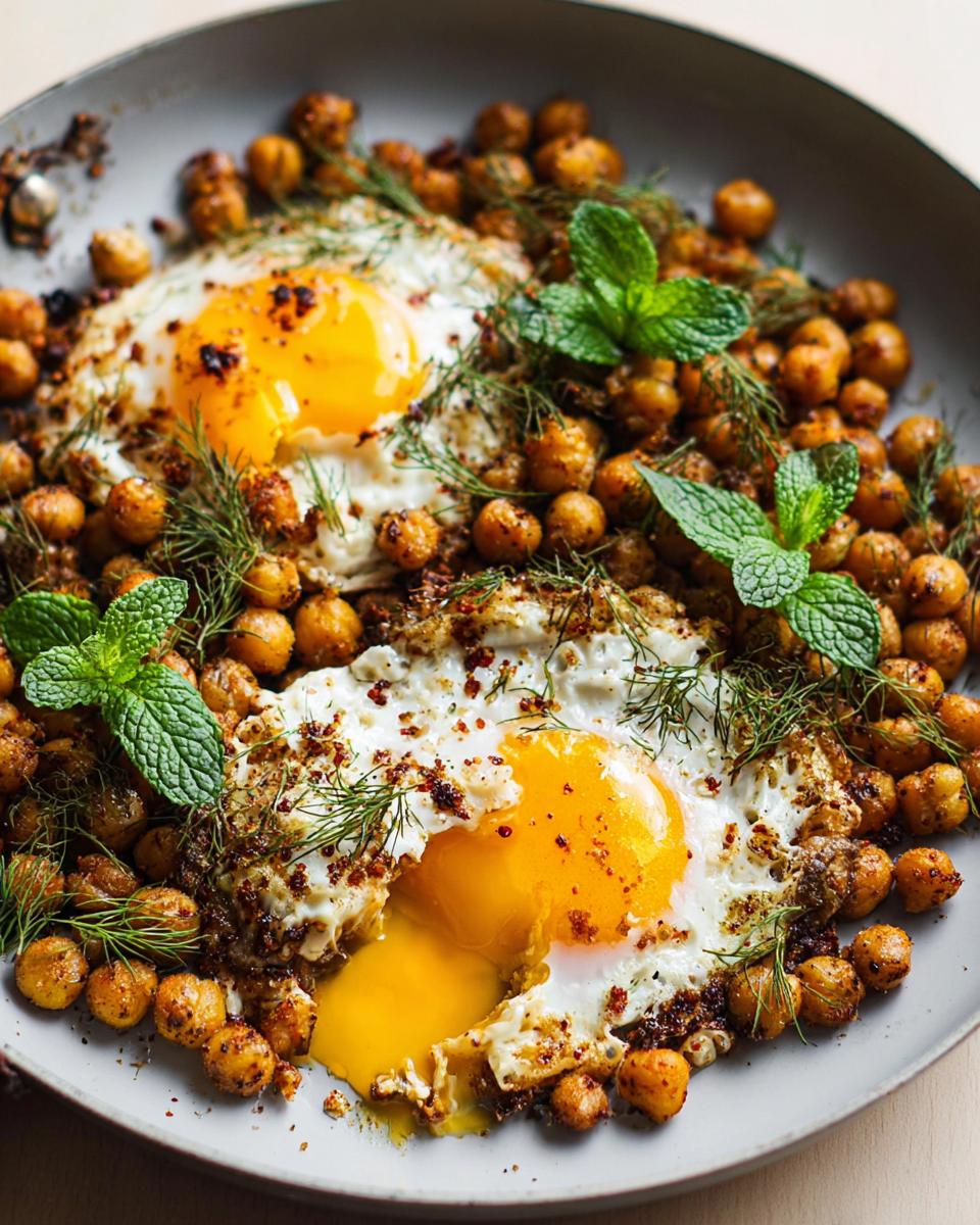 A close-up of a pan filled with a Chickpea Fried Eggs recipe, featuring two sunny-side-up eggs with runny yolks nestled among crispy chickpeas and fresh herbs.