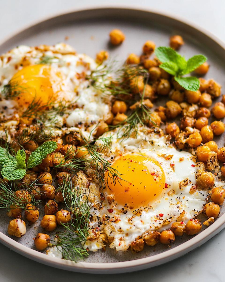 Two perfectly fried eggs served with crispy chickpeas and fresh herbs, a delightful Chickpea Fried Eggs Recipe.