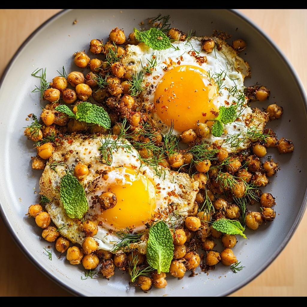 A close-up of a plate featuring two fried eggs surrounded by seasoned chickpeas, garnished with fresh mint and dill.