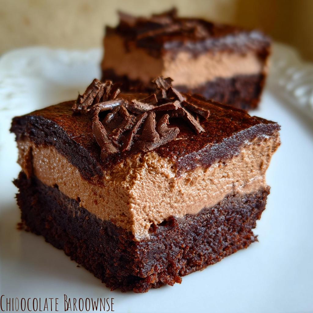A rich slice of Chocolate Mousse Brownies, featuring a dense brownie base topped with creamy chocolate mousse and chocolate shavings.