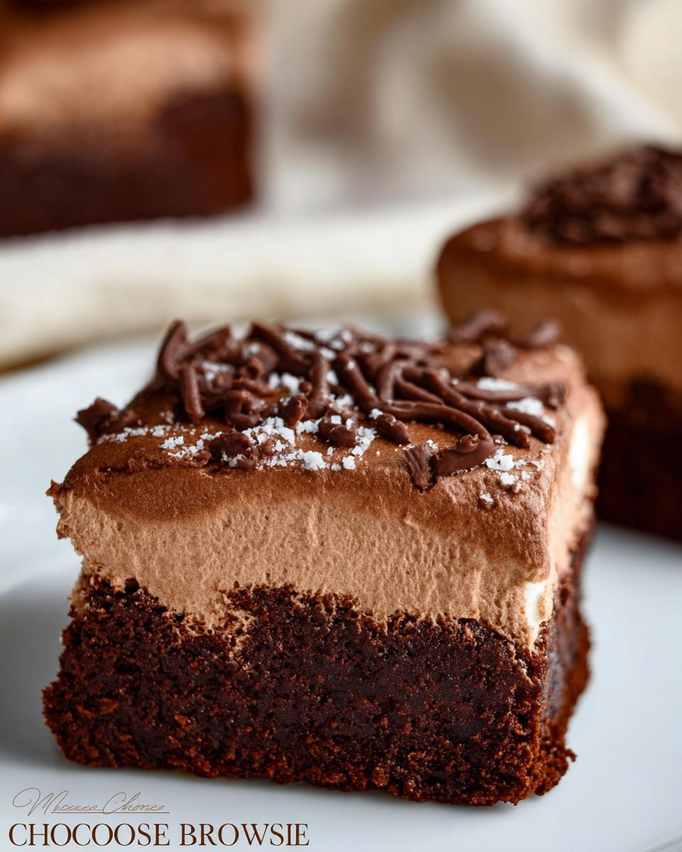 A close-up of a decadent Chocolate Mousse Brownies slice, featuring a dense brownie base topped with creamy chocolate mousse and chocolate shavings.