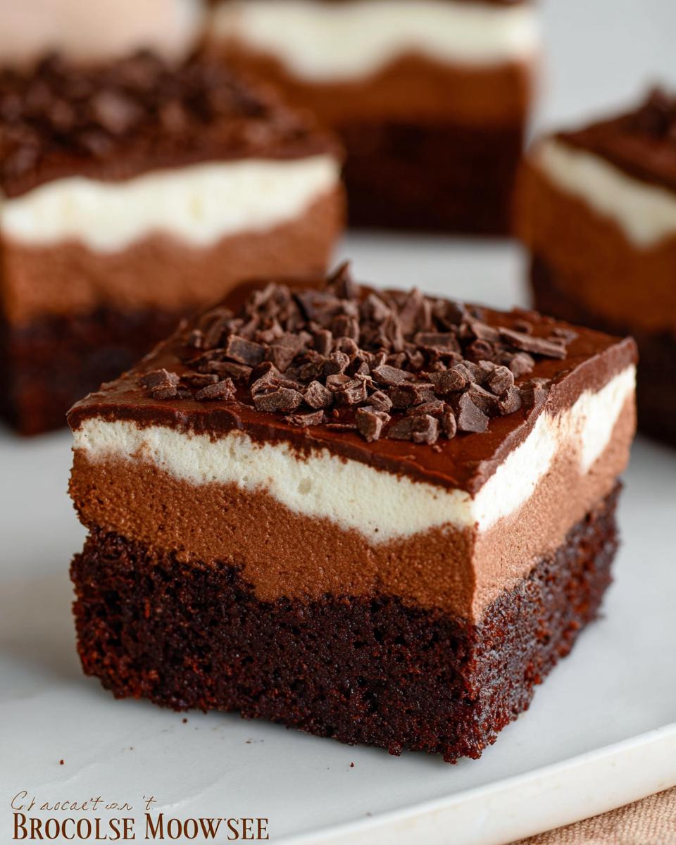 A rich slice of Chocolate Mousse Brownies with three layers: brownie base, chocolate mousse, and white mousse, topped with chocolate shavings.
