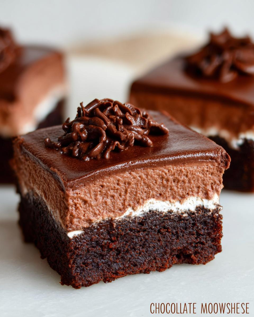 A rich slice of Chocolate Mousse Brownies, featuring a dense brownie base, creamy mousse, and chocolate ganache topping.