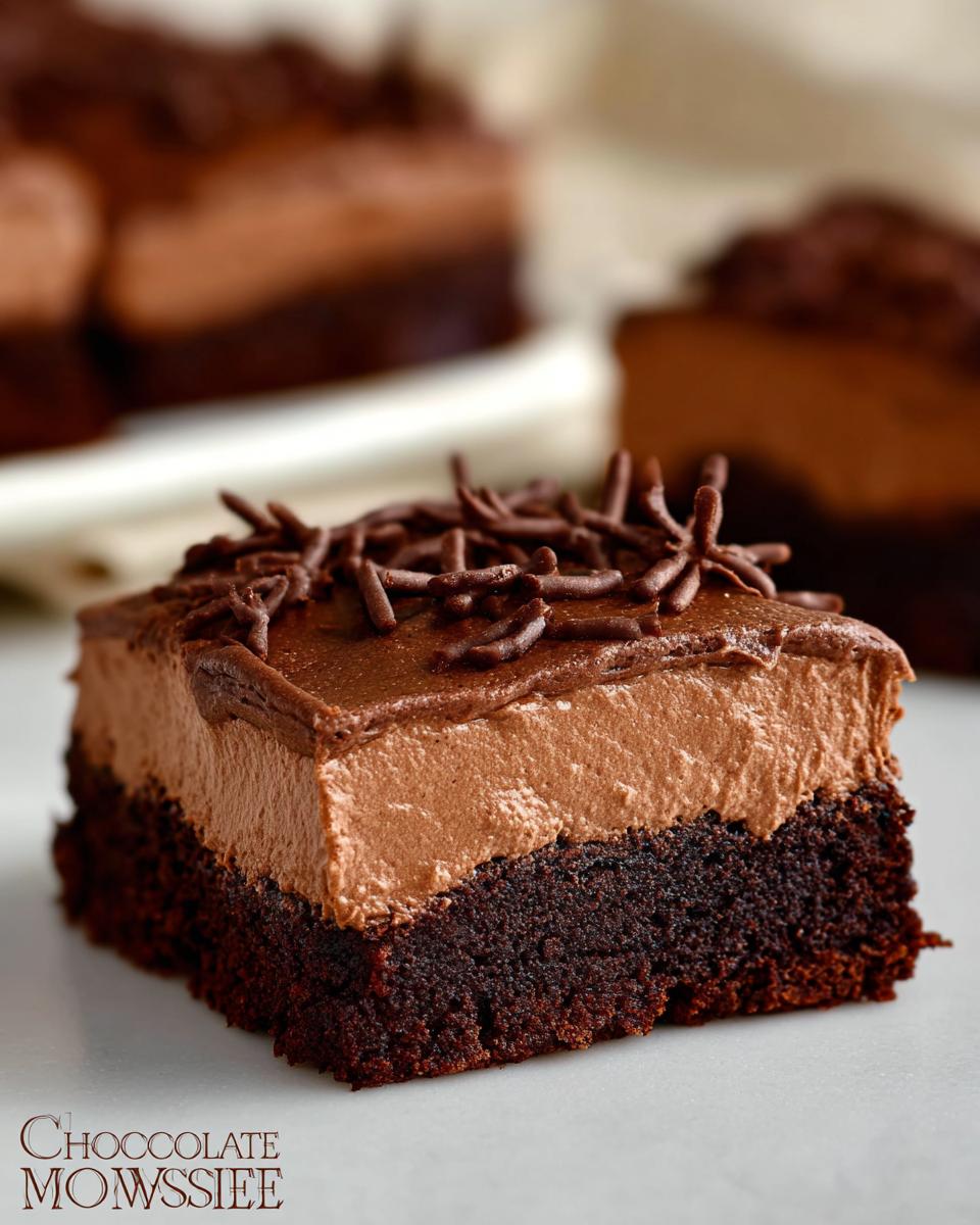 A decadent slice of Chocolate Mousse Brownies, featuring a dense brownie base topped with creamy chocolate mousse and chocolate sprinkles.