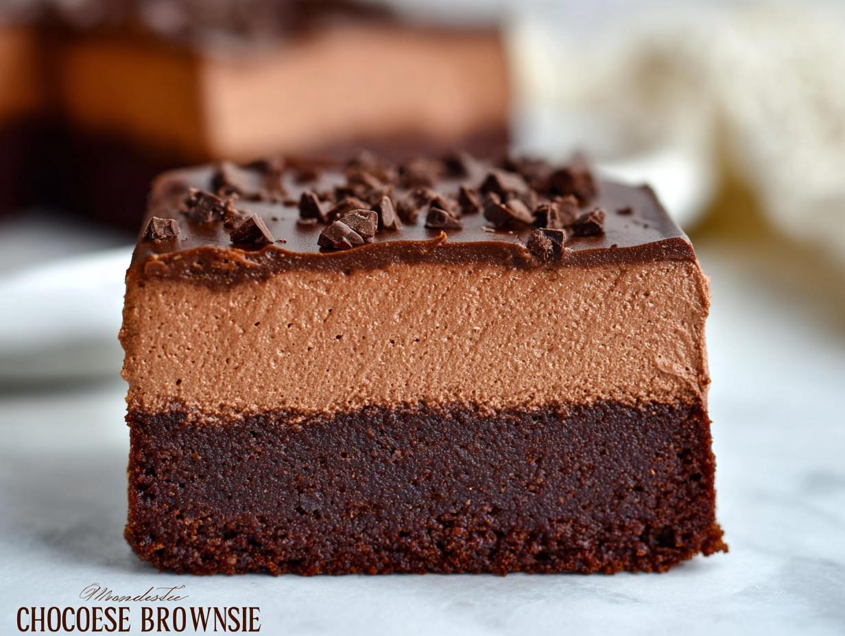 A close-up of a decadent Chocolate Mousse Brownie slice, showcasing the brownie base, chocolate mousse layer, and chocolate ganache topping.