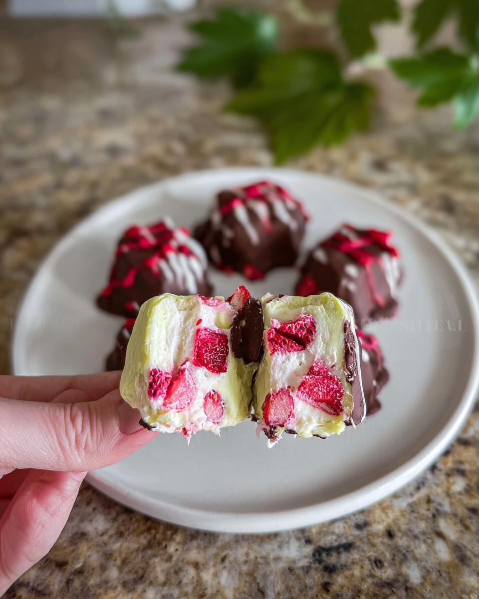A hand holding a cut Chocolate Strawberry Yogurt Cluster, revealing creamy yogurt, fresh strawberries, and chocolate.
