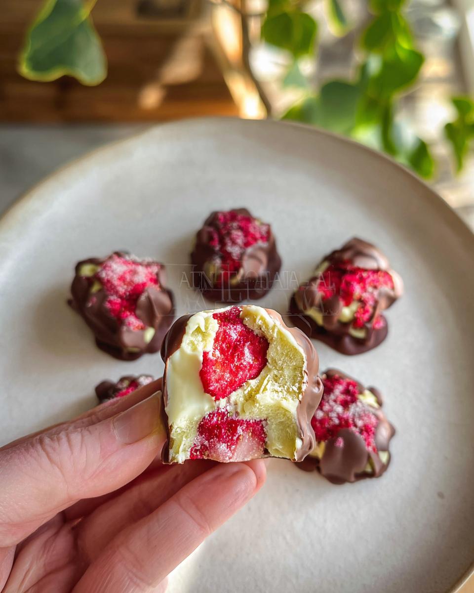 A hand holding a bite of a chocolate strawberry yogurt cluster, revealing the creamy yogurt and strawberry filling.