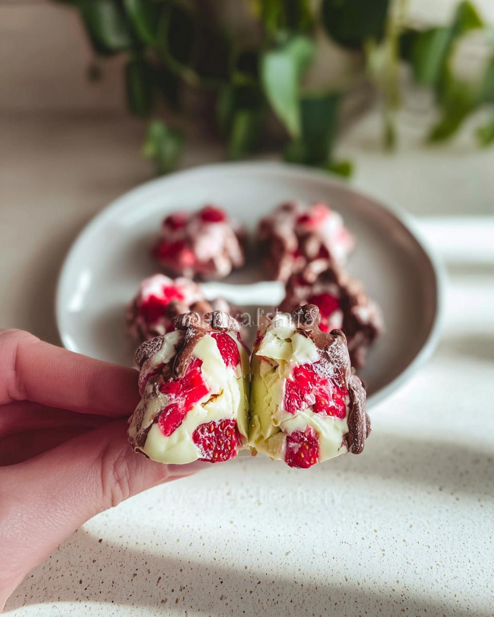 A hand holding two halves of a chocolate strawberry yogurt cluster, revealing fresh strawberries and creamy yogurt inside.