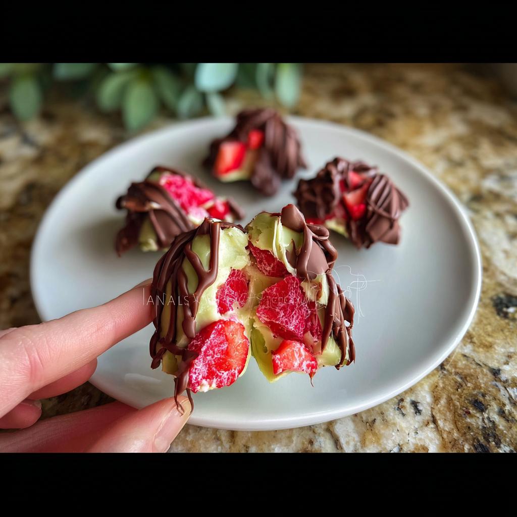 A hand holding a broken chocolate strawberry yogurt cluster, revealing fresh strawberries inside.