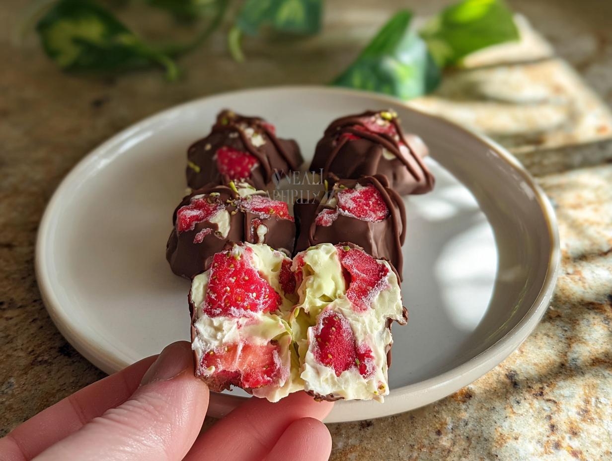 A hand holds a broken Chocolate Strawberry Yogurt Cluster, revealing creamy yogurt and strawberry pieces inside.
