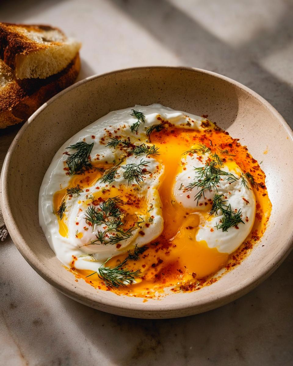 A bowl of Çılbır, Turkish eggs served over creamy yogurt with a drizzle of chili butter and fresh dill.