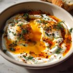 A bowl of Çılbır, featuring poached eggs nestled in creamy yogurt, drizzled with chili butter and fresh dill.