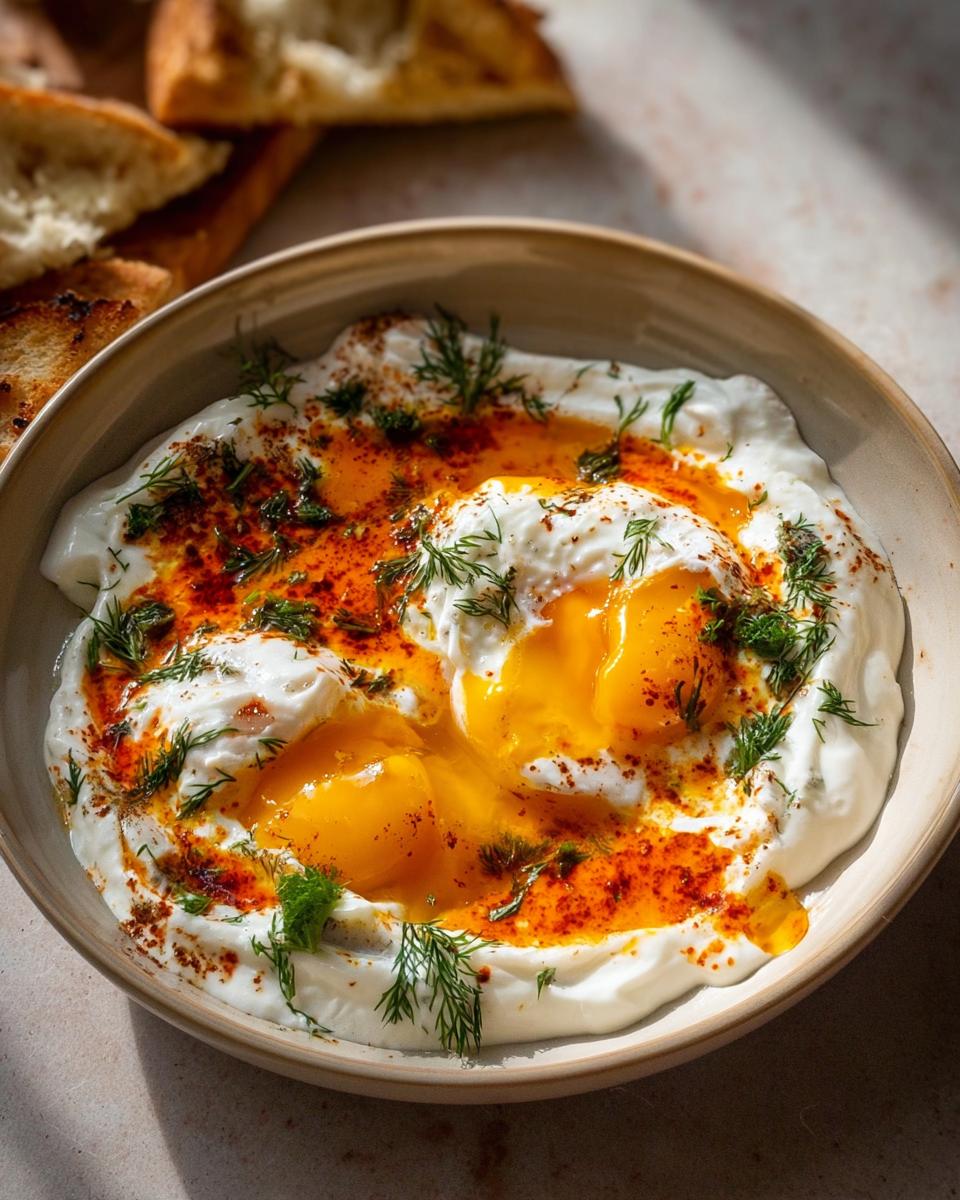 A close-up of Çılbır, Turkish eggs poached in creamy yogurt, topped with spiced butter and fresh dill.