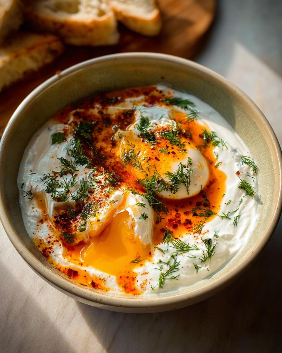 Close-up of Çılbır: Turkish eggs poached in creamy yogurt, drizzled with chili butter sauce and fresh dill.