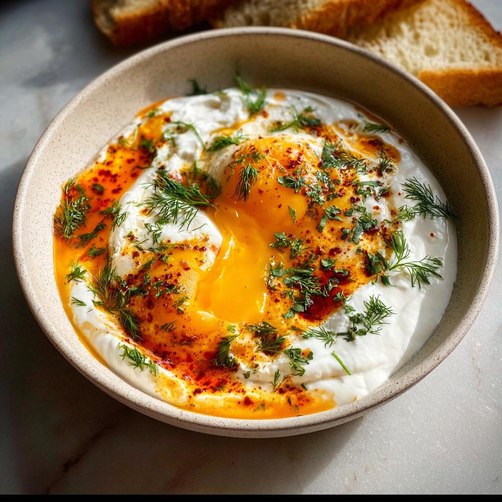 A close-up of Çılbır, featuring perfectly poached eggs atop creamy yogurt, drizzled with chili butter sauce and fresh herbs.