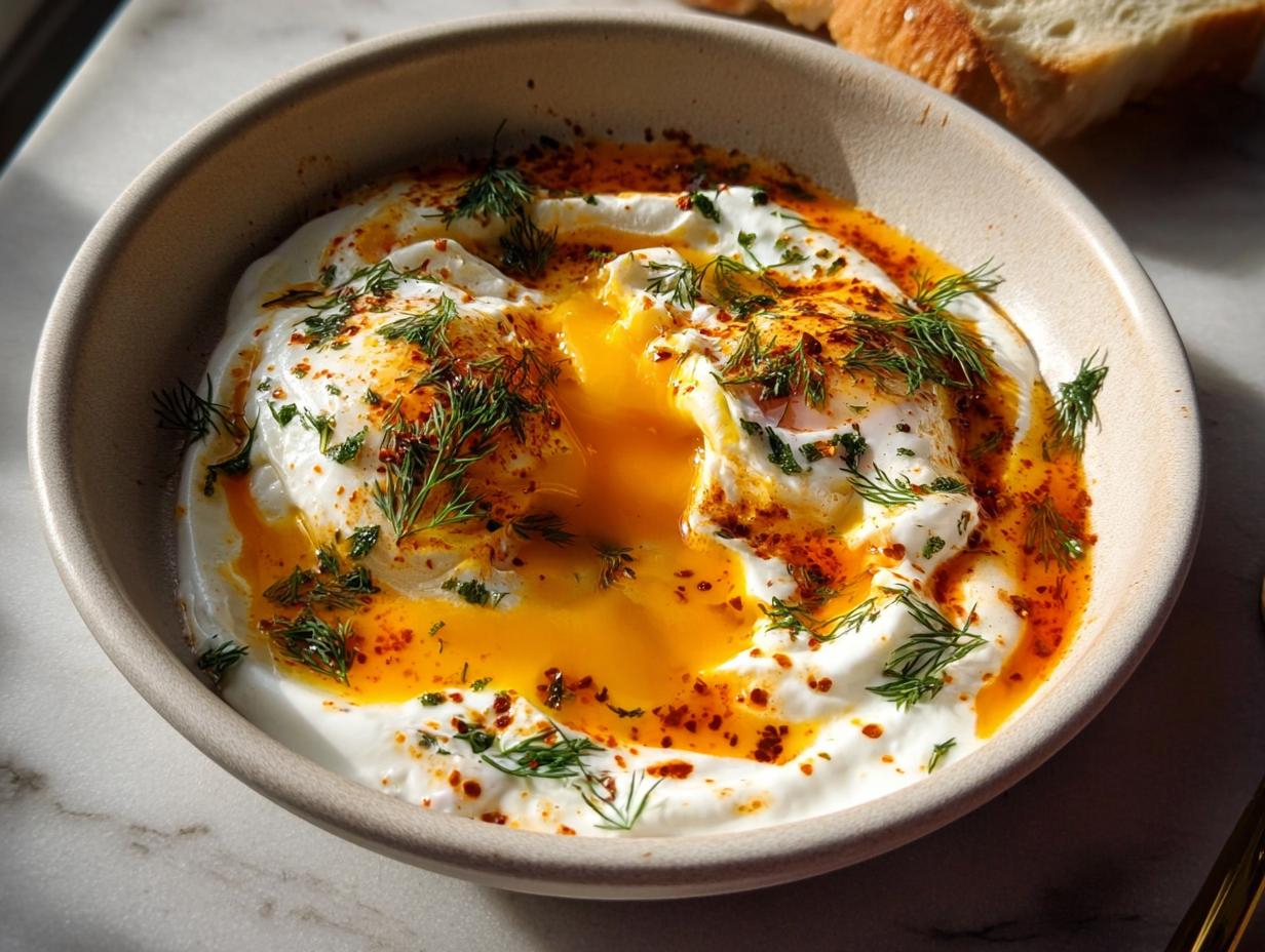 A bowl of Çılbır, featuring poached eggs nestled in creamy yogurt, drizzled with chili butter and fresh dill.