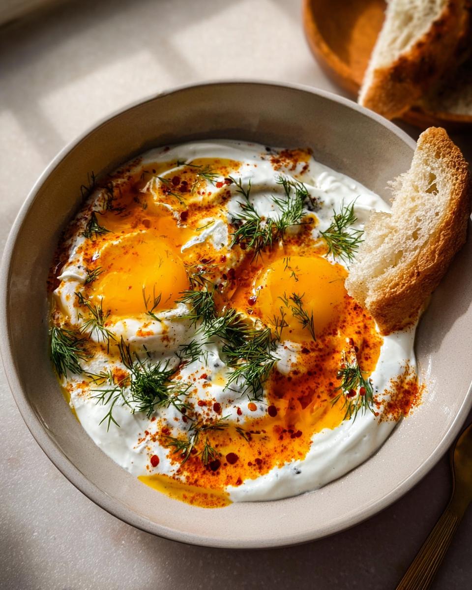 Close-up of Çılbır, Turkish eggs served over creamy yogurt with a drizzle of chili butter and fresh dill.