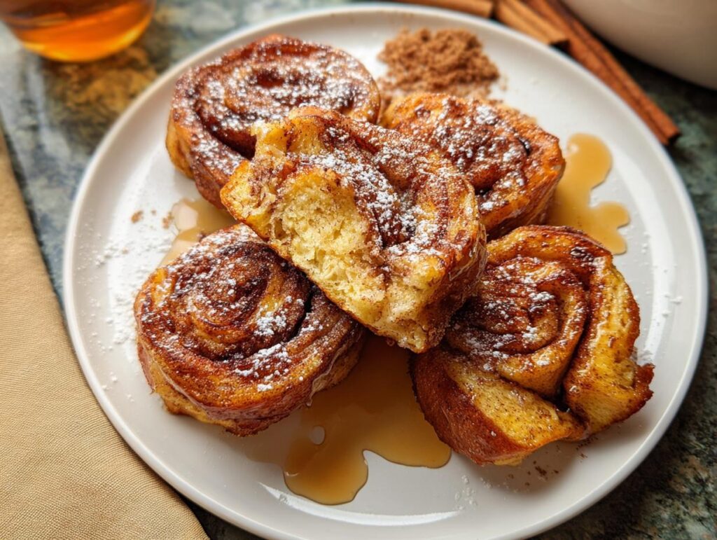 A plate of golden-brown Cinnamon Roll French Toast Bites dusted with powdered sugar and drizzled with syrup.