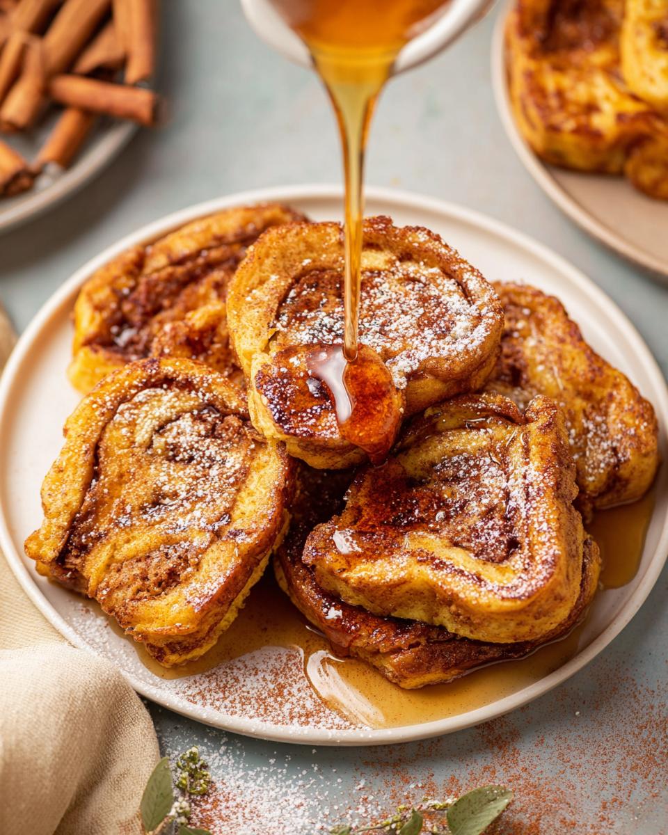 A plate of delicious Cinnamon Roll French Toast Bites being drizzled with syrup and dusted with powdered sugar.