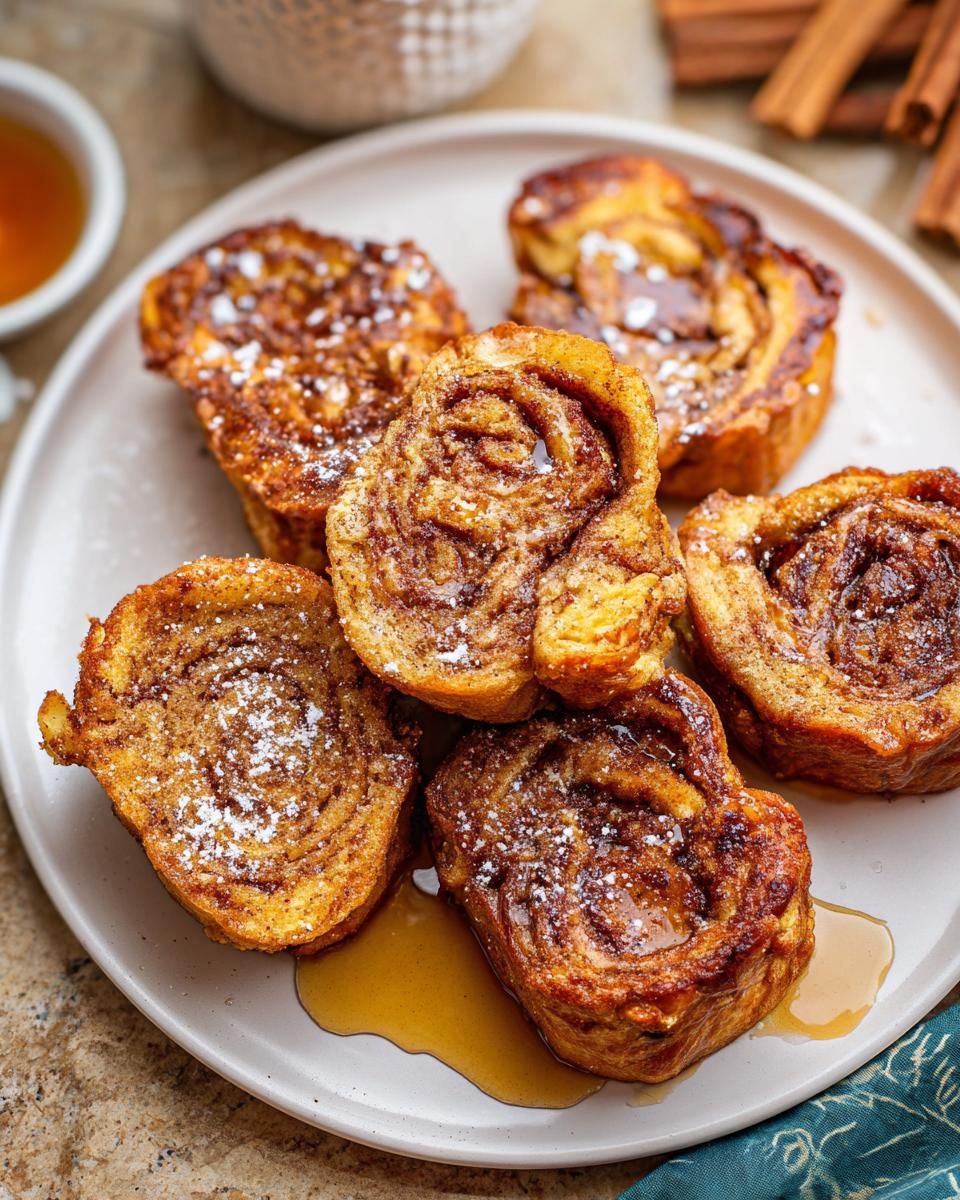 A plate of golden-brown Cinnamon Roll French Toast Bites dusted with powdered sugar and drizzled with syrup.
