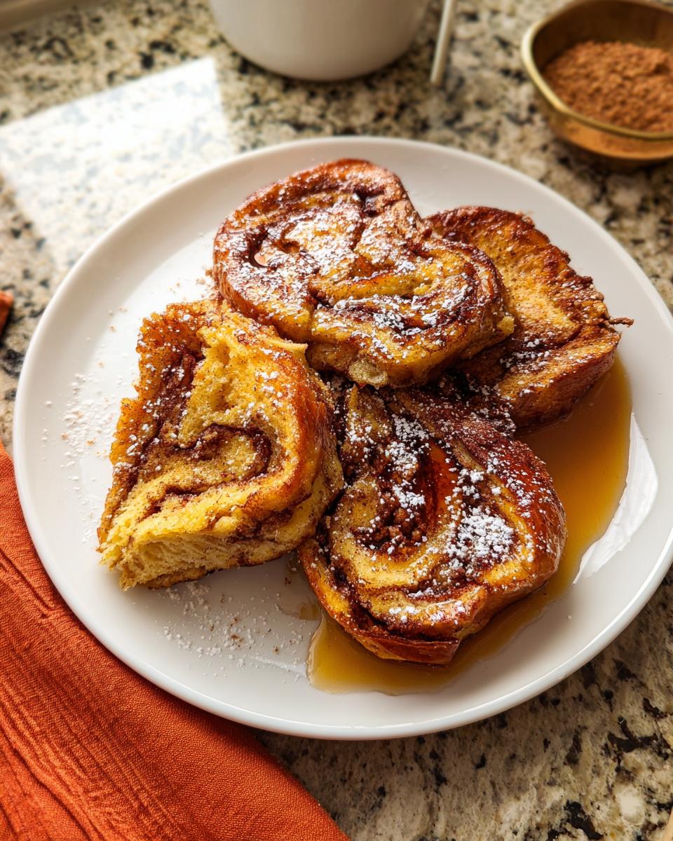 A plate of golden brown Cinnamon Roll French Toast Bites drizzled with syrup and dusted with powdered sugar.