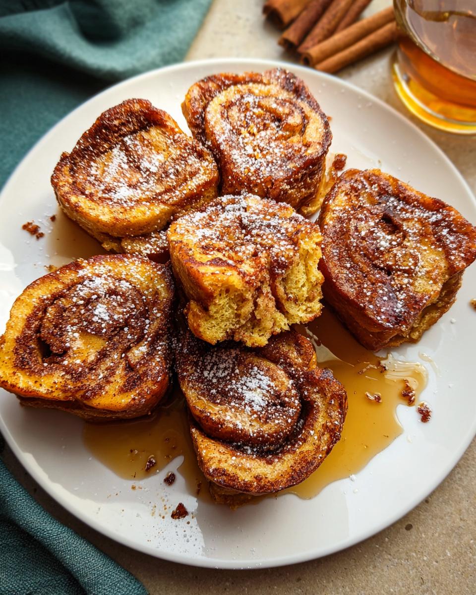 A plate of golden-brown Cinnamon Roll French Toast Bites, dusted with powdered sugar and drizzled with syrup.