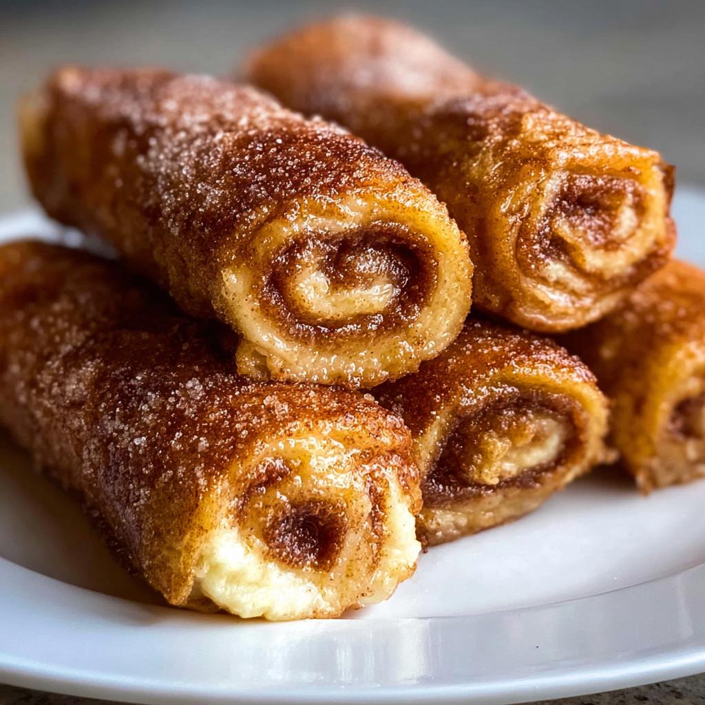 A close-up of a stack of Cinnamon Roll French Toast Roll-Ups, coated in cinnamon sugar.