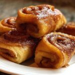 A close-up of several Cinnamon Roll French Toast Roll-Ups stacked on a white plate, glistening with syrup.