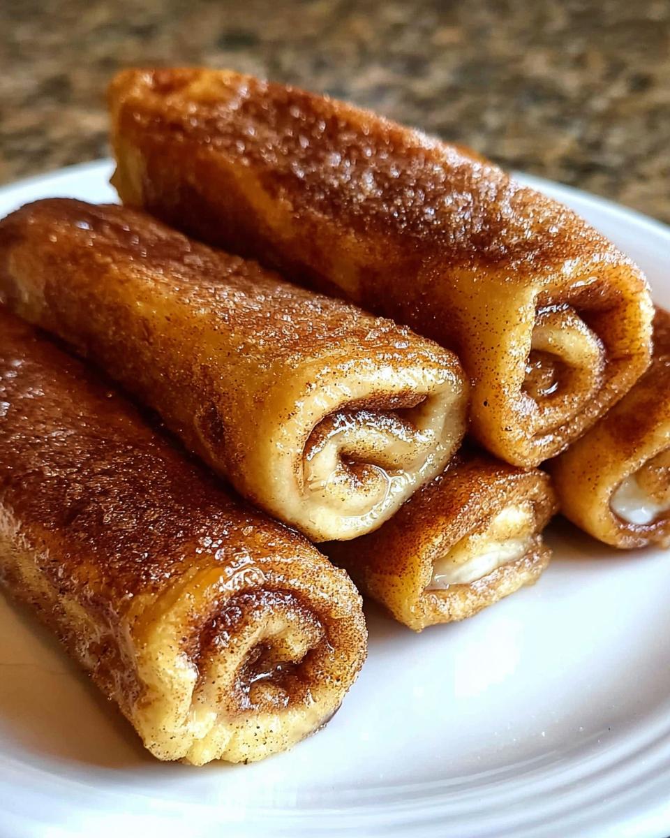 A close-up of golden brown Cinnamon Roll French Toast Roll-Ups dusted with cinnamon sugar, served on a white plate.