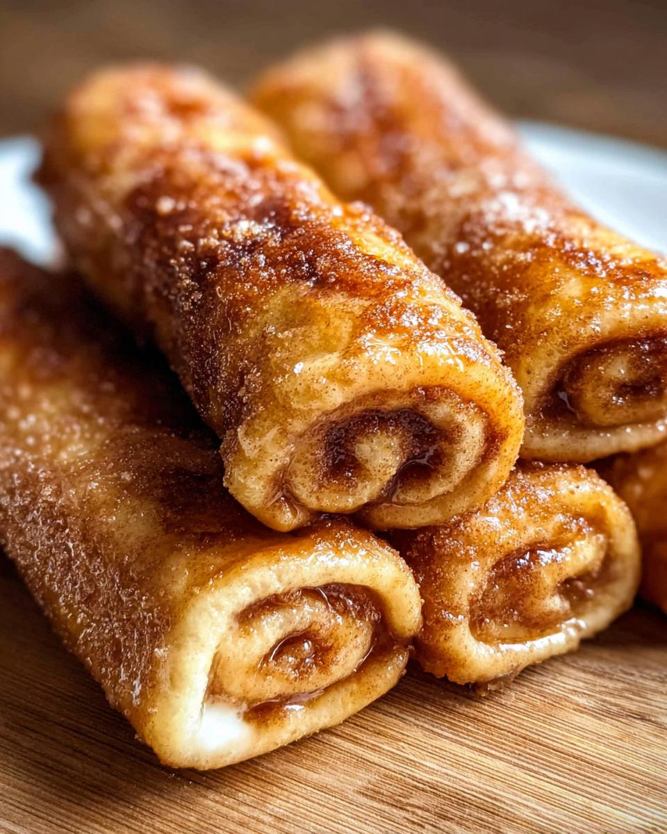 Close-up of golden brown Cinnamon Roll French Toast Roll-Ups dusted with cinnamon sugar.