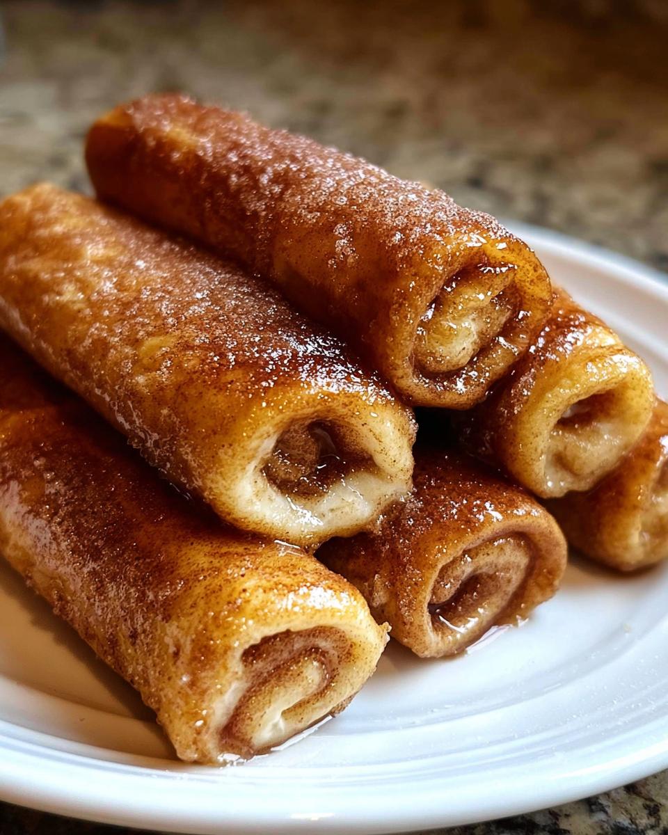 Close-up of Cinnamon Roll French Toast Roll-Ups dusted with cinnamon sugar on a white plate.