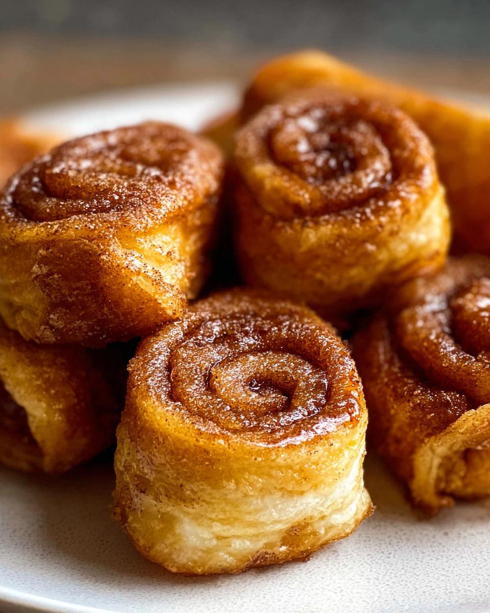 Close-up of a stack of golden-brown Cinnamon Roll French Toast Roll-Ups, dusted with cinnamon sugar.