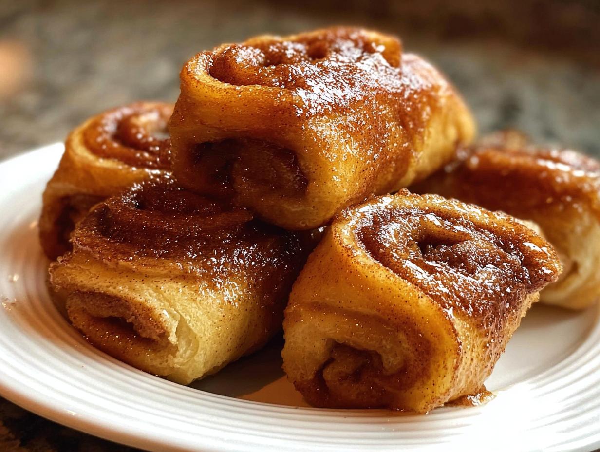 A close-up of several Cinnamon Roll French Toast Roll-Ups stacked on a white plate, glistening with syrup.