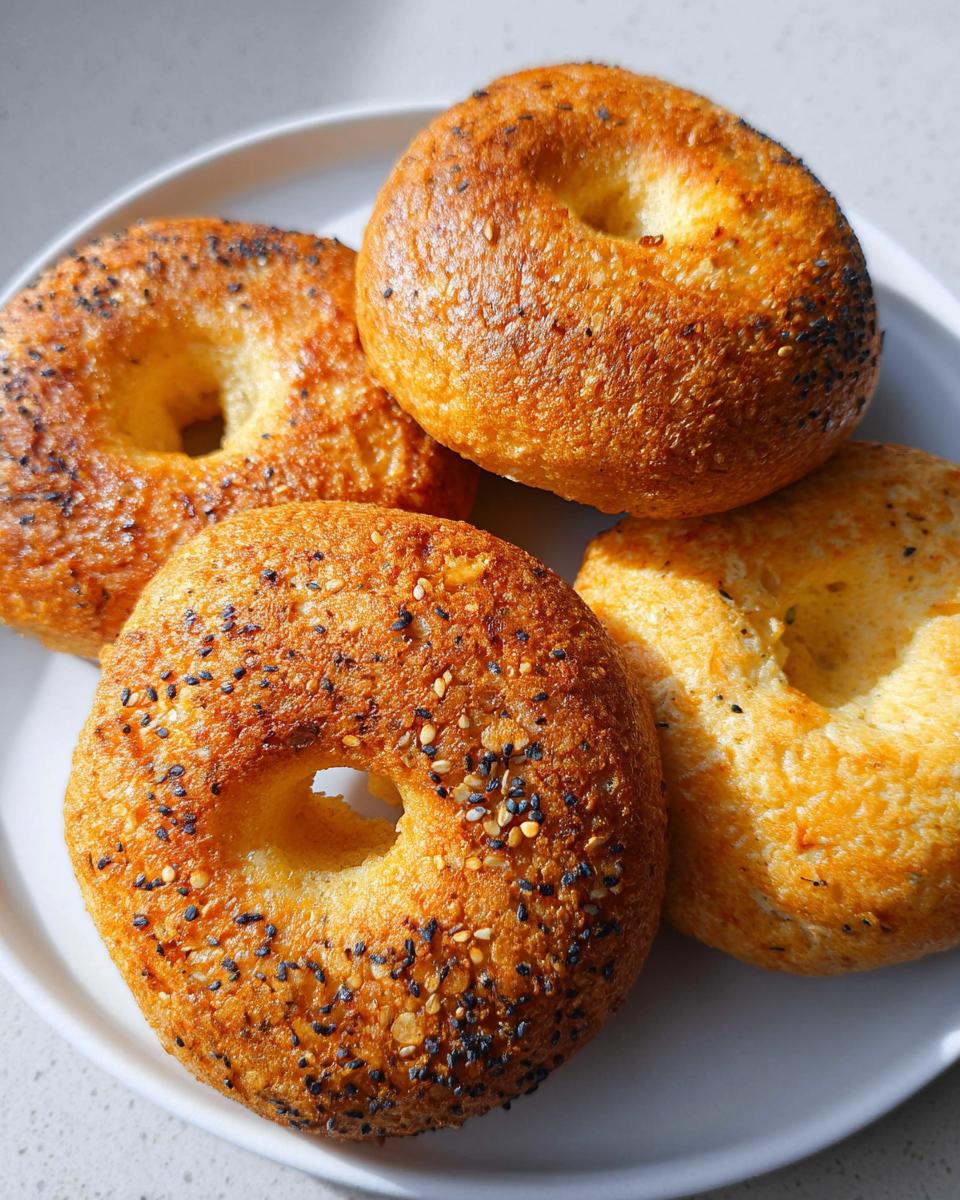 A close-up of four golden-brown cottage cheese flagels on a white plate, some topped with sesame and poppy seeds.